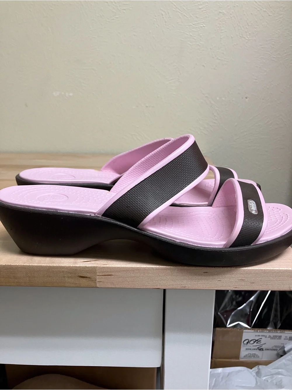 CROCS Two-Strap Slide Sandals in Light Pink and Dark Brown